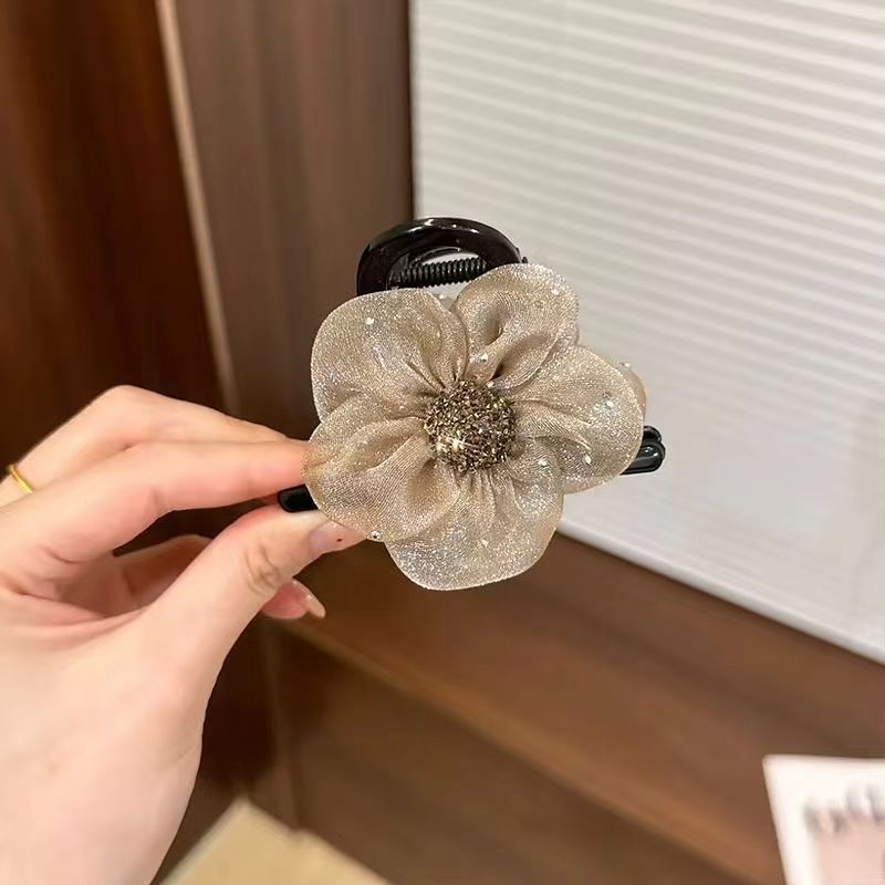 Mesh rhinestone flower clip for women 2024new arrival shark clip half-tied high ponytail hair clip bun hair accessories