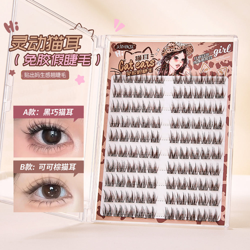 Jonbos self-adhesive glue-free false eyelashes - cocoa brown cat eye natural style, born-with-it curl, segmented individual cluster lashes