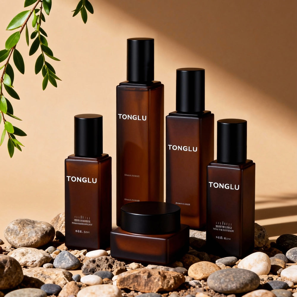 Ready-to-ship cosmetic glass bottle set packaging, including 120ml lotion/serum glass bottles and 50g cream jars, direct from the manufacturer