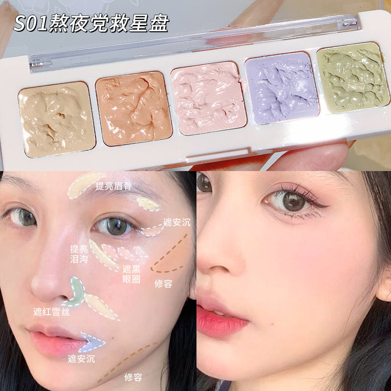 Xixi no-makeup beauty five-color concealer covers acne marks, dark circles, tear troughs, waterproof, non-removing concealer palette