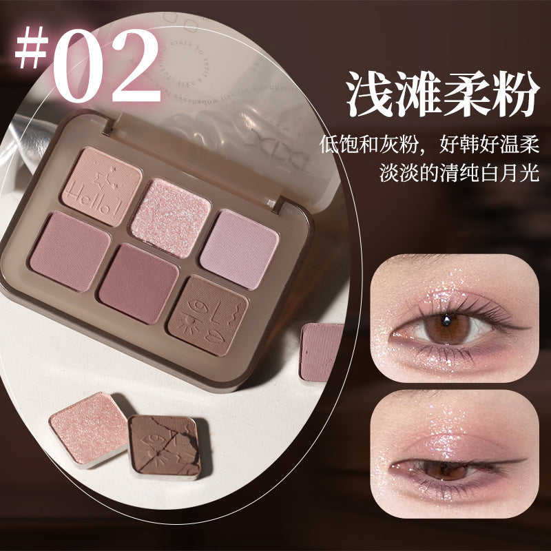 Xixi flower powder mist six-color eyeshadow palette earth milk tea color pearlescent flash matte fall and winter daily gray powder palette