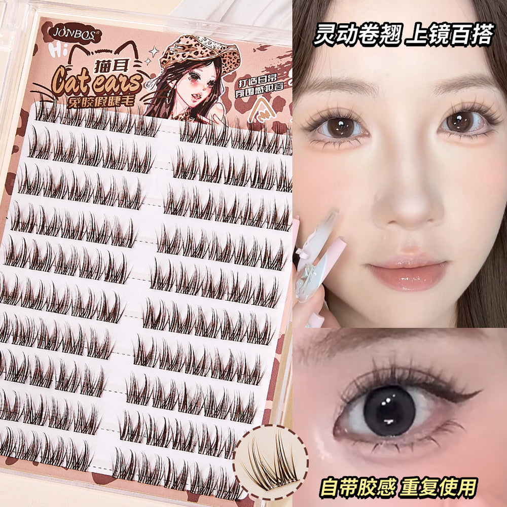 Jonbos self-adhesive glue-free false eyelashes - cocoa brown cat eye natural style, born-with-it curl, segmented individual cluster lashes