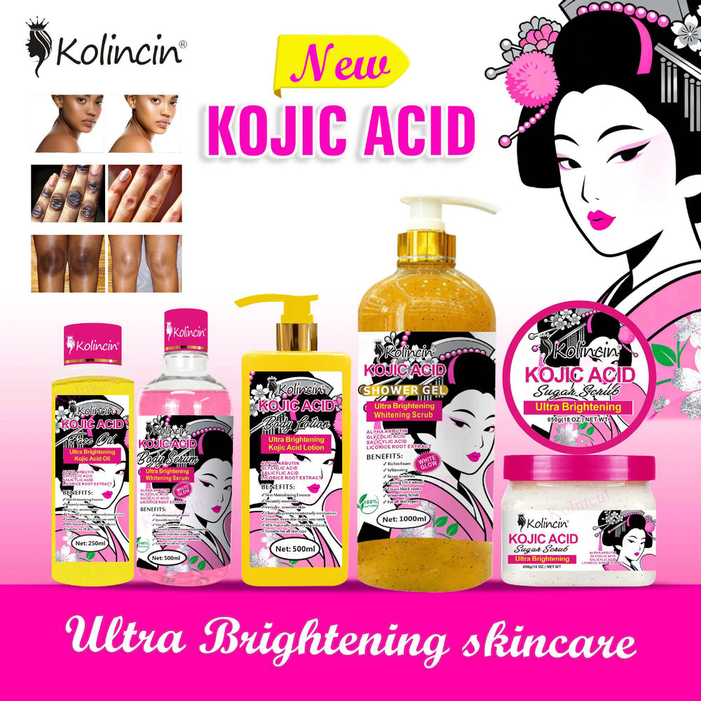 Wholesale kojic acid serum, body lotion, moisturizing scrub, cleanser, brightening, and hydrating kojic acid skincare series for export