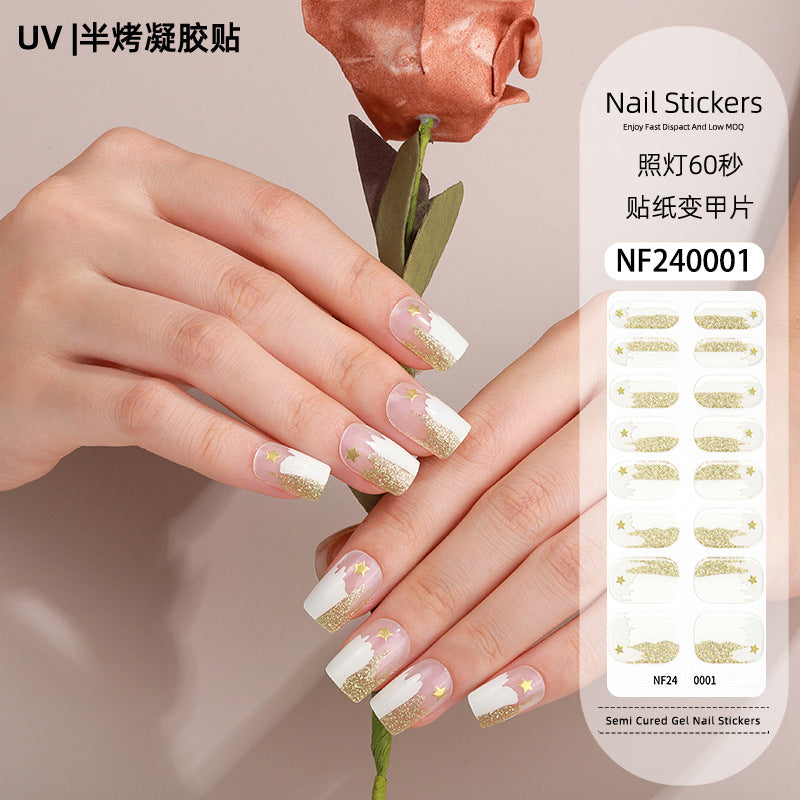 Zhengxiang custom gel nail art stickers french bronzing uv phototherapy semi-cured nail stickers ice transparent nail art stickers wholesale