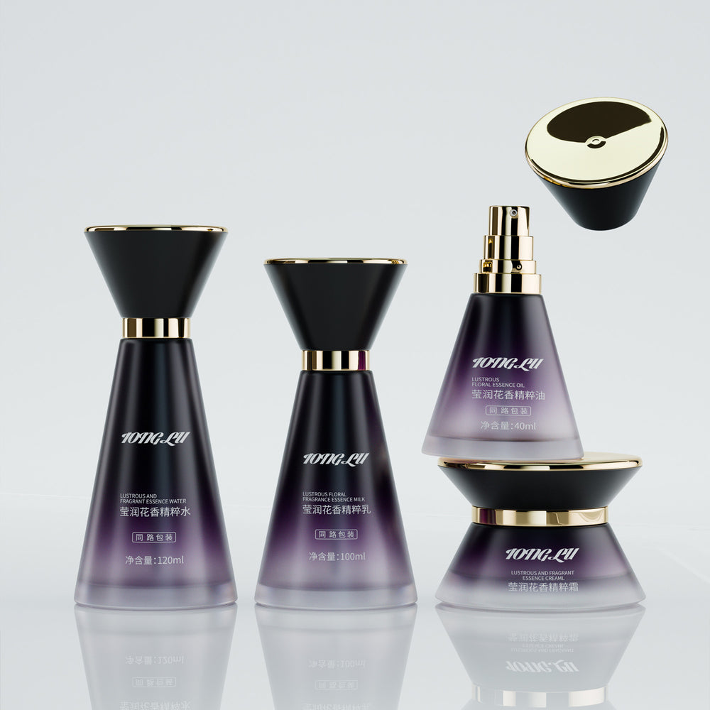 Ready-to-ship cosmetic glass bottle set packaging, including 120ml lotion glass bottles, 50g cream jars, and spray atomizer bottles