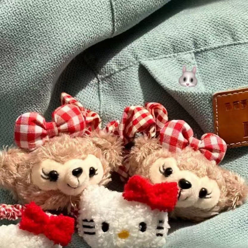 Cute duffy bear & shelliemay hair tie - red plaid hair rope - sweet & girly hair accessories for girls - trendy ins style
