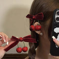 Artificial cherry velvet bow hair clip cute new versatile sweet rhinestone elegant side girl bangs clip