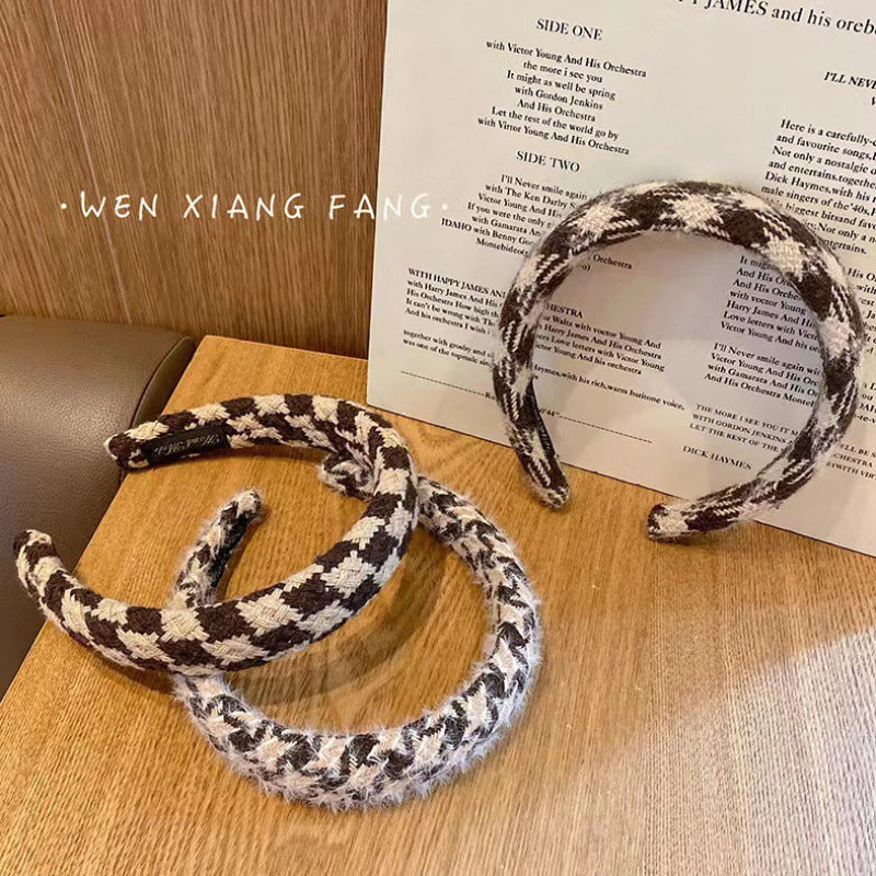 Houndstooth fabric headband for women easiest for match outing high skull hair press wide-brimmed hairpin headband popular 2024 new arrival
