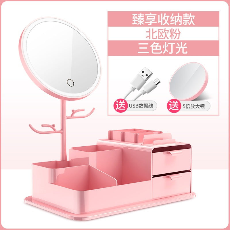 Led lighted makeup mirror, tri-color dimming, usb rechargeable, rotatable storage, girly plastic home glass mirror