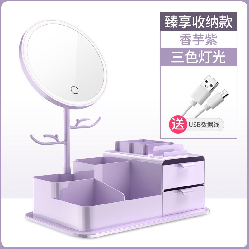 Led lighted makeup mirror, tri-color dimming, usb rechargeable, rotatable storage, girly plastic home glass mirror