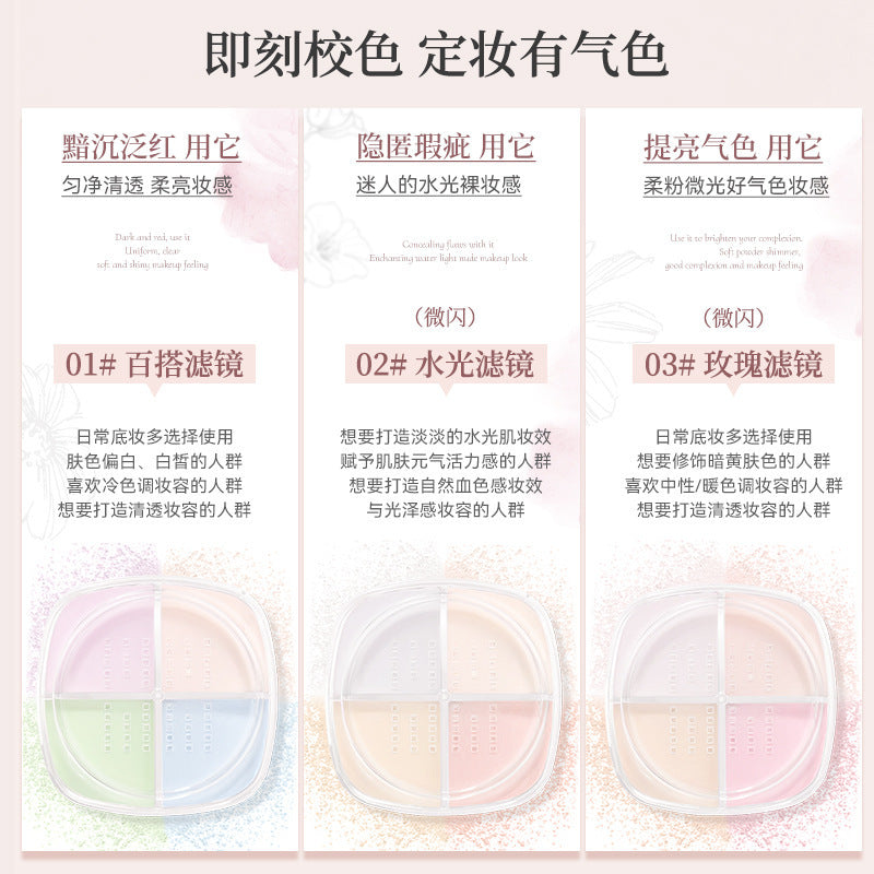 Novo soft focus iridescent quad loose powder - setting, oil control, concealing, long-lasting, waterproof, non-caking, natural finish