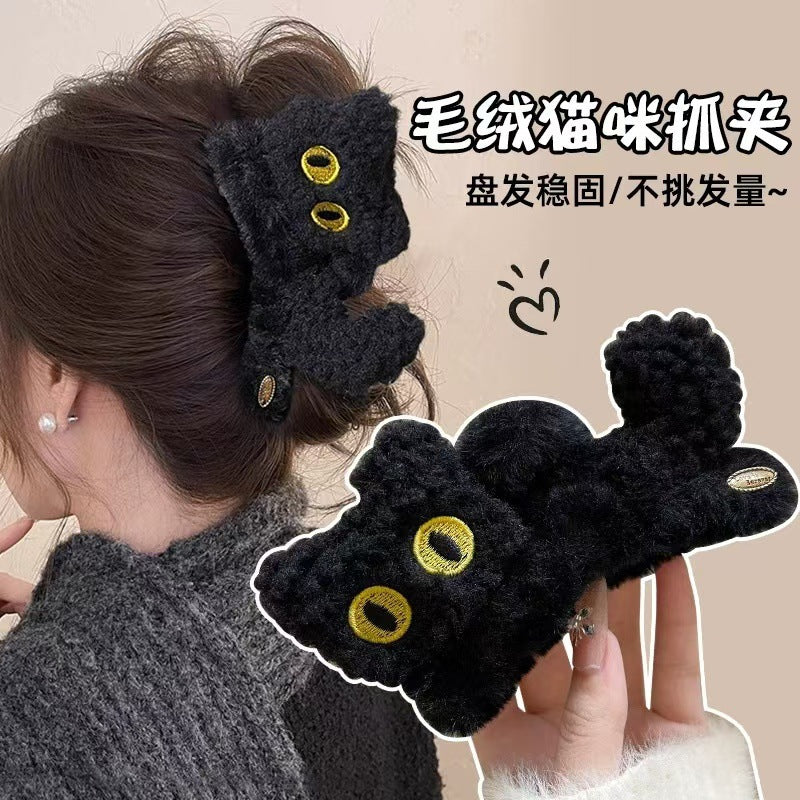 Cartoon cute black cat hairpin stuffed gripper female large fall and winterelegant back shark clip headwear
