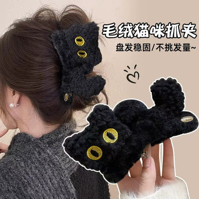 Cartoon cute black cat hairpin stuffed gripper female large fall and winterelegant back shark clip headwear