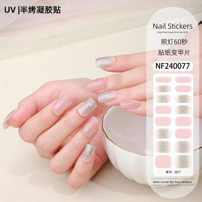 Zhengxiang custom gel nail art stickers french bronzing uv phototherapy semi-cured nail stickers ice transparent nail art stickers wholesale