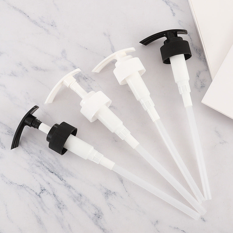 Guangzhou in-stock: push-down threaded lotion pump head, long spout 32 teeth, black and white hand soap & personal care plastic pump