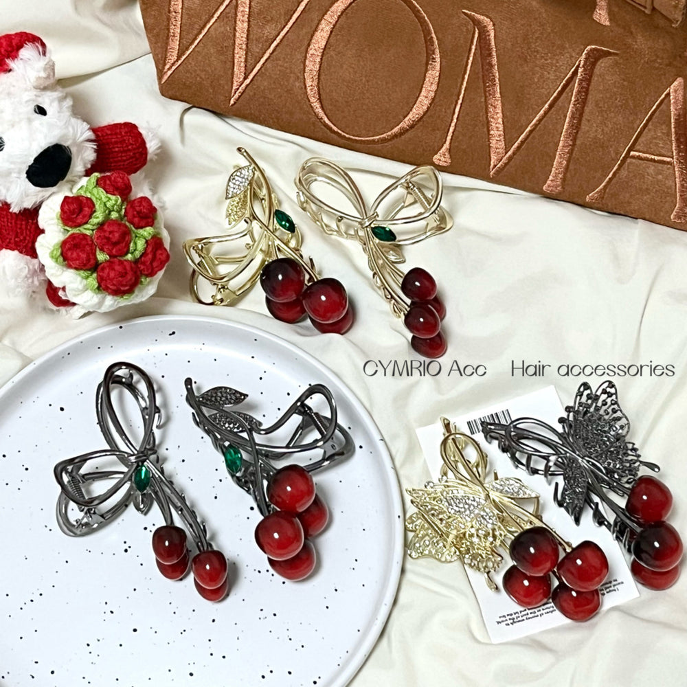 Korean sweet cherry bow hair claw clip - fresh & chic hair styling clip - minimalist & elegant hair accessories for women