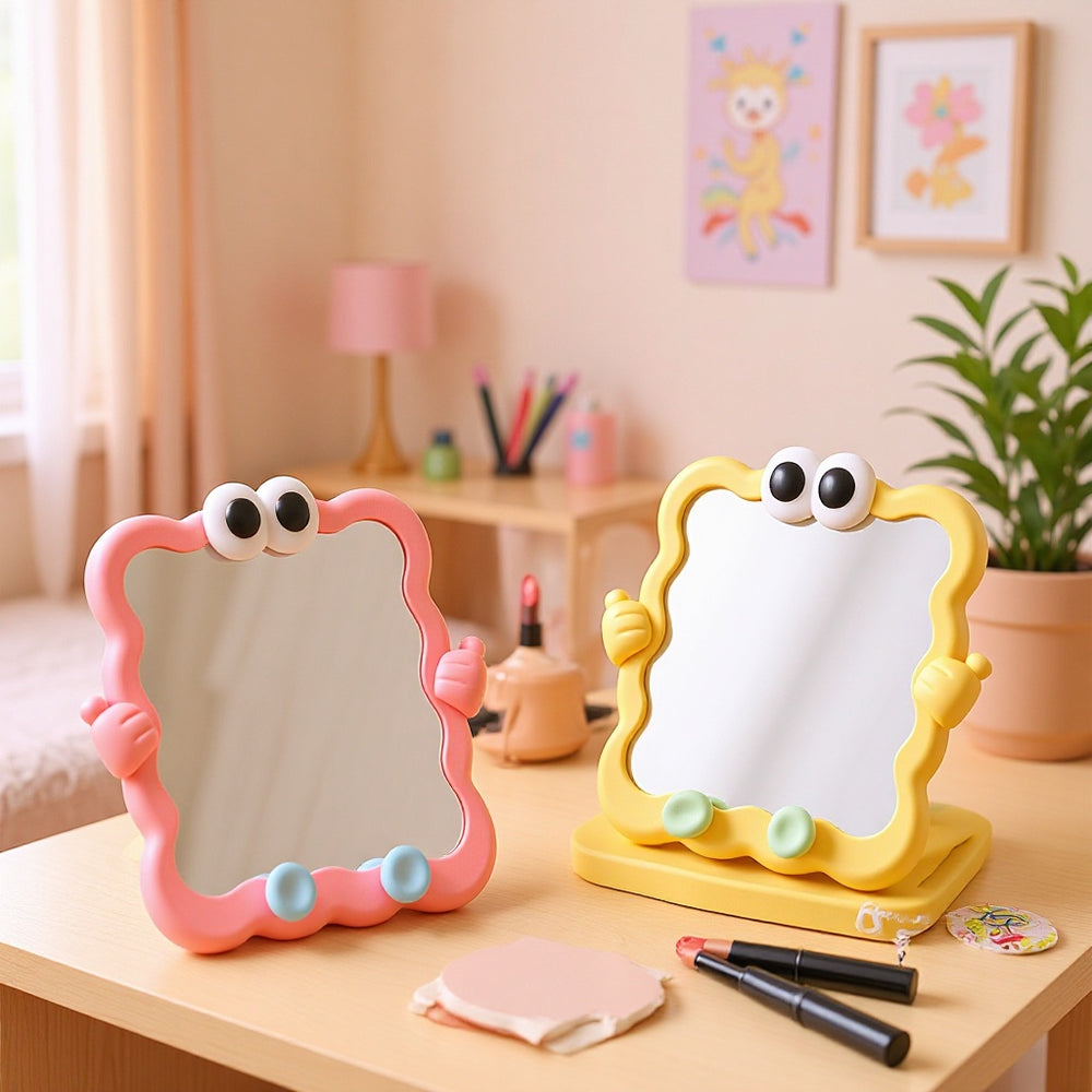 Cartoon vanity mirror - desktop, wall-mountable makeup mirror with plastic storage - perfect for home and office