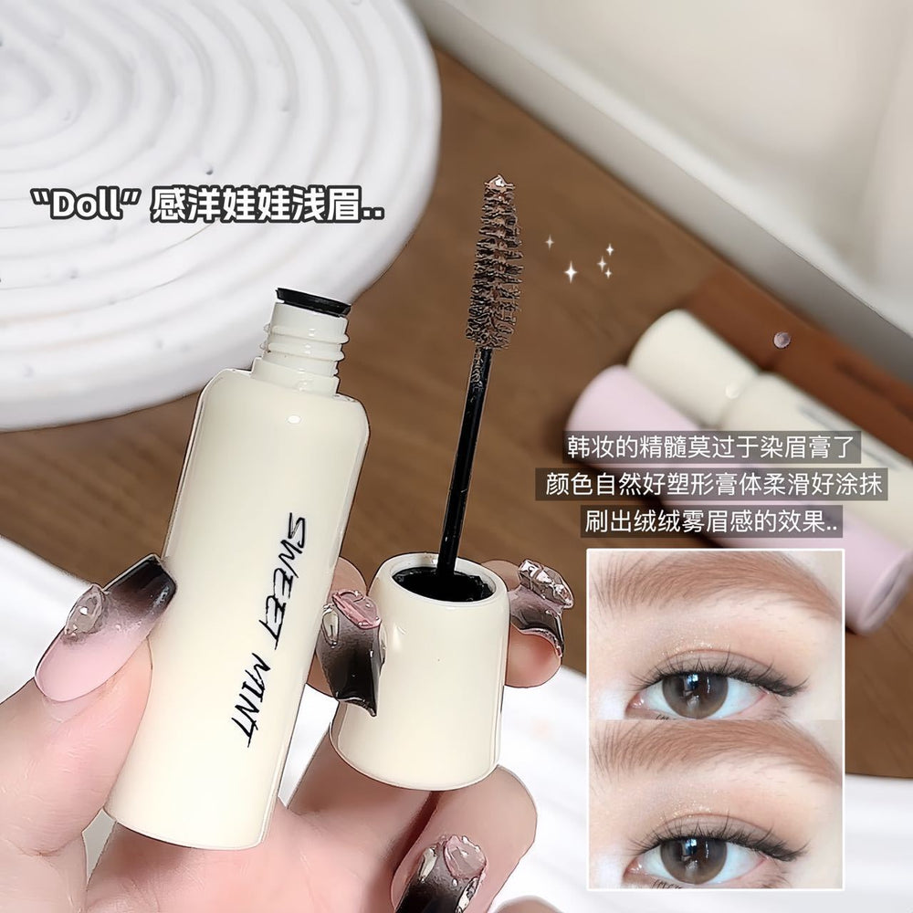 Sweet mint fluffy brow mascara - natural, defined, and root-visible wild brows. long-lasting, waterproof, and sweat-proof. light brown