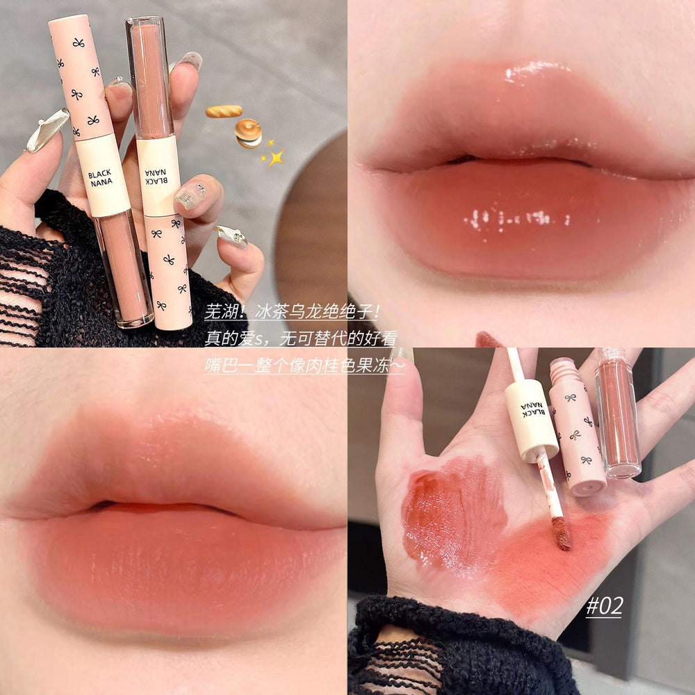Black nana double-ended lip glaze - pink dew, instant brightening, watery gloss, mirror finish, velvet matte, and creamy lip clay