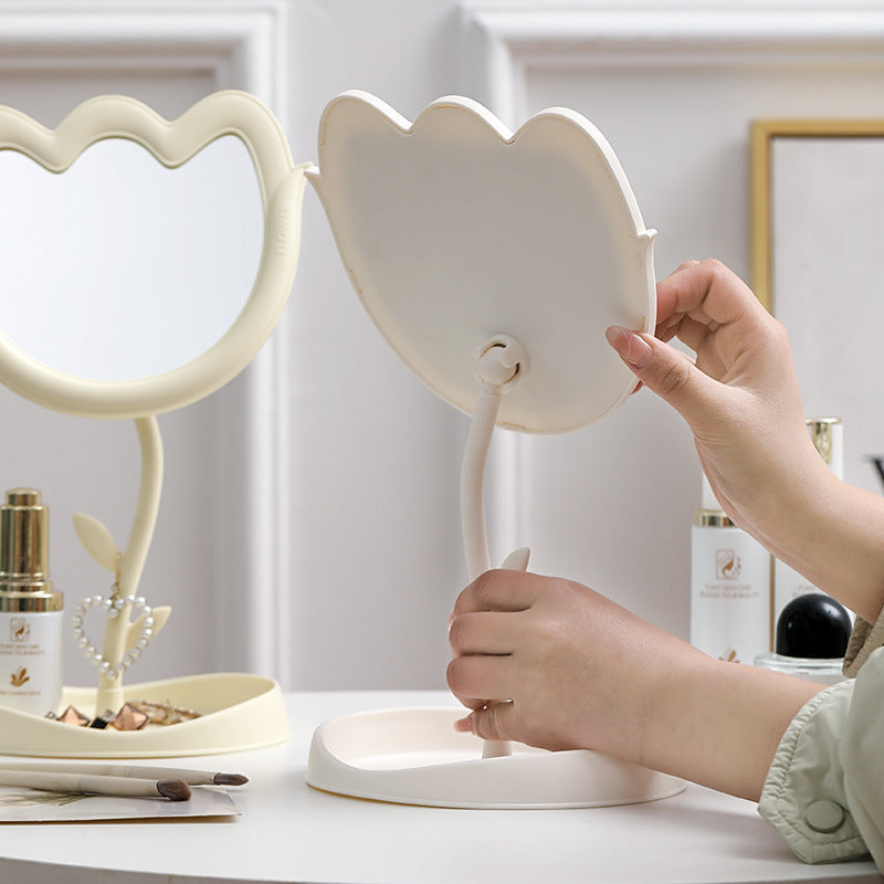 Tulip plastic makeup mirror storage home desktop glass mirror table light luxury rotatable home dressing mirror