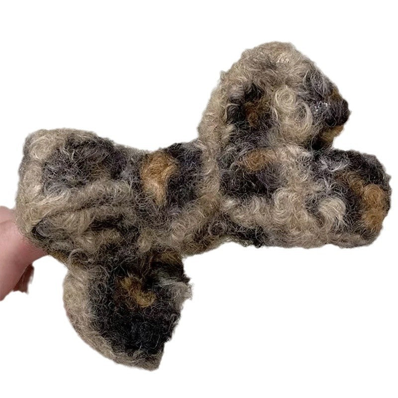 Korean style leopard print bow hair clip for autumn/winter - ponytail holder, bun maker, knitted wool hair accessory, hair clip for women