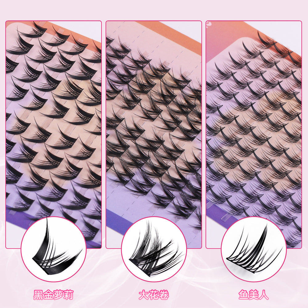 Segmented false eyelashes without glue, flat single cluster black stem, natural slender artificial fox style false eyelashes glue style