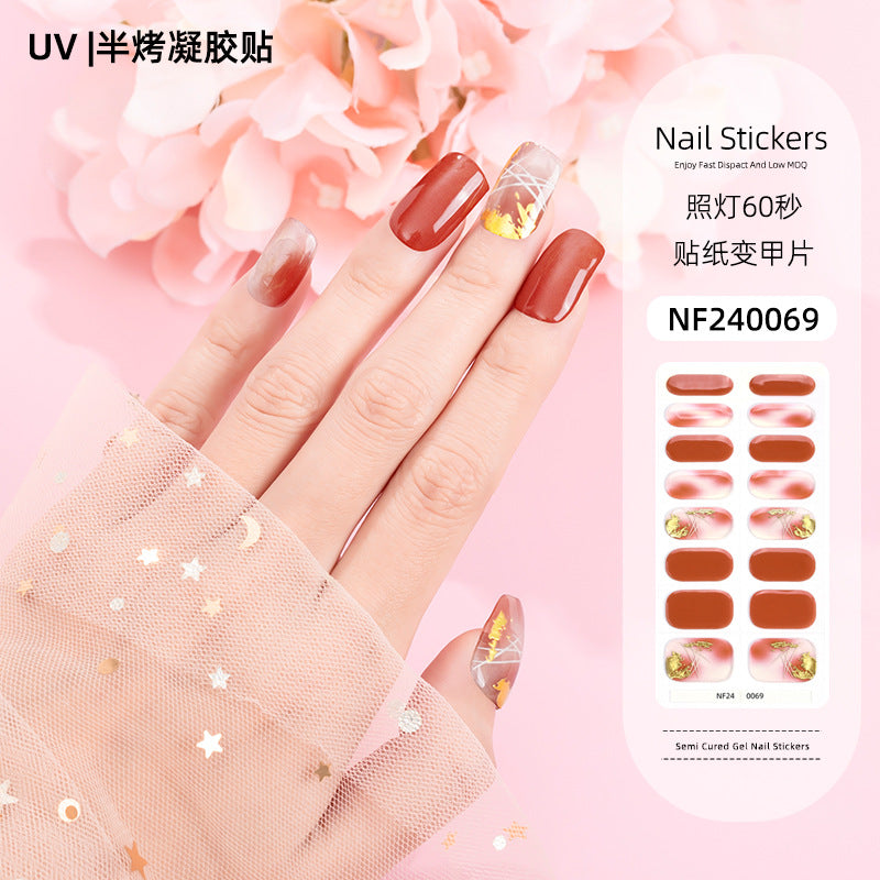 Zhengxiang custom gel nail art stickers french bronzing uv phototherapy semi-cured nail stickers ice transparent nail art stickers wholesale