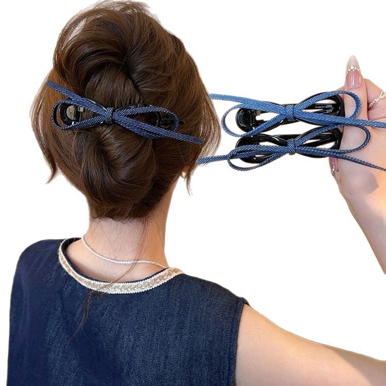 Korean minimalist denim bow claw clip for women, 2025 new style, back of head updo, high-end hair clip, shark clip hair accessory