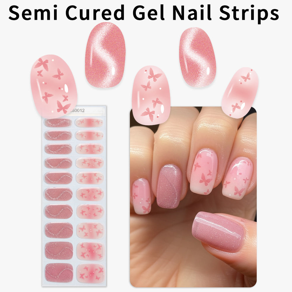 fashion cat eye semi-cured gel nail sticker onion powder explosive pink butterfly nail art sticker full waterproof