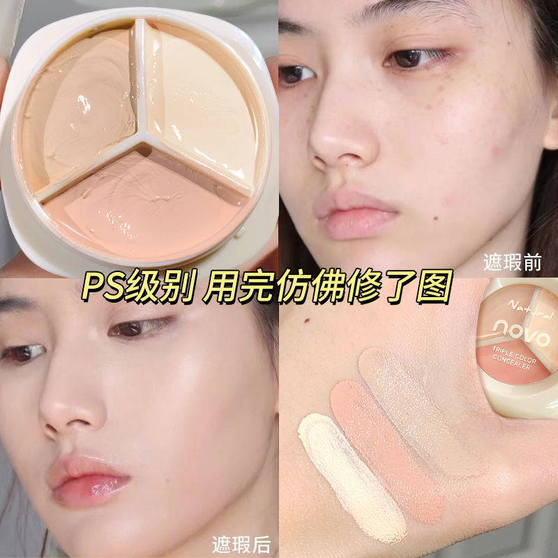 Novo three-color concealer covers facial spots, acne marks, dark circles, tear troughs, brightens and repairs without powder sticking