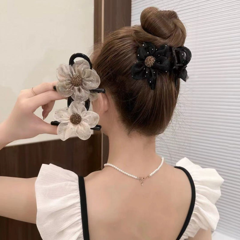 Mesh rhinestone flower clip for women 2024new arrival shark clip half-tied high ponytail hair clip bun hair accessories