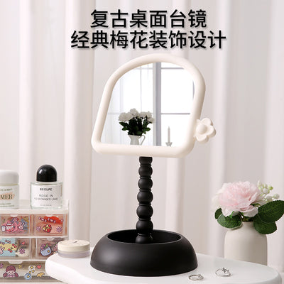 Plastic desktop pearl cosmetic mirror - rotatable square home mirror with storage for dorms and living spaces
