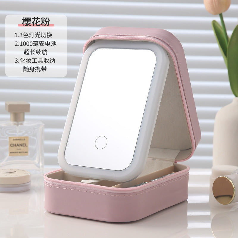 Cosmetic bag with led light, mirror, and desktop makeup organizer - portable, detachable, and partitioned storage for home use