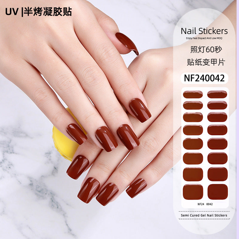 Zhengxiang custom gel nail stickers - solid color glitter, korean style uv light semi-cured nail stickers, waterproof, cross-border wholesale