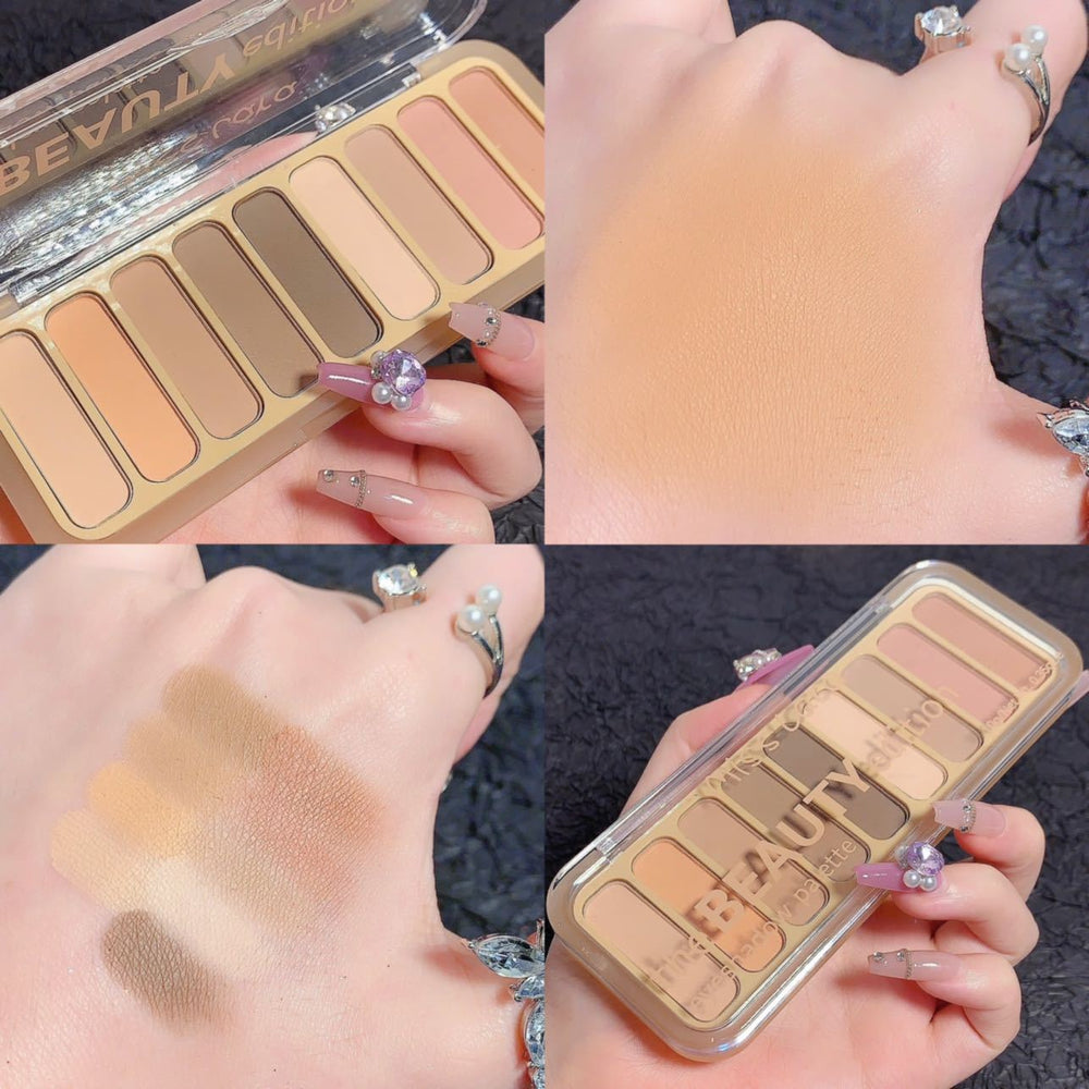Miss lara nine-color eyeshadow palette - everyday makeup, cement palette, earth tones, blush, highlighter, contour, matte all-in-one palette