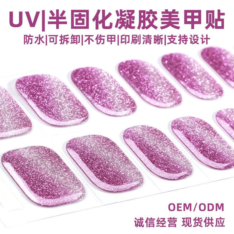 Zhengxiang custom gel nail art stickers waterproof uv light therapy nail polish film ins semi-cured nail stickers wholesale