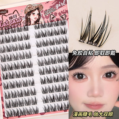 Jonbos self-adhesive glue-free false eyelashes - cocoa brown cat eye natural style, born-with-it curl, segmented individual cluster lashes