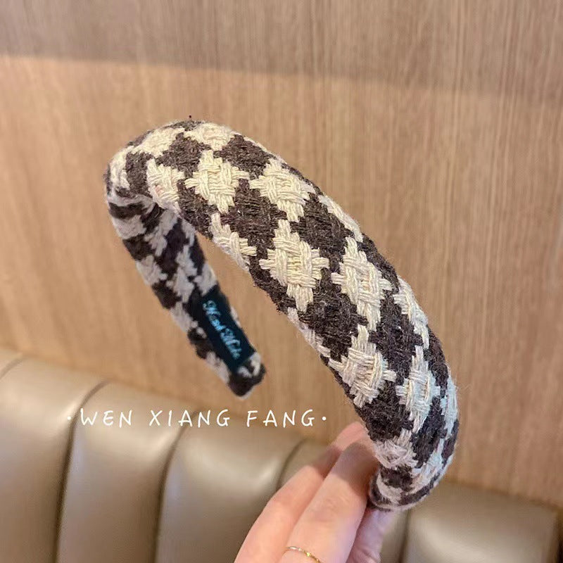 Houndstooth fabric headband for women easiest for match outing high skull hair press wide-brimmed hairpin headband popular 2024 new arrival