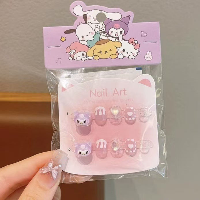 Girls' jelly nail stickers - wearable press-on nails for kids - cartoon kuromi & my melody - perfect gift!