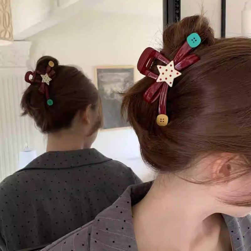 Interesting contrast color polka dot star button clip large bows shark clip half-tied hair clip hair volume hair clip