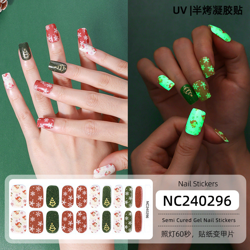 Zhengxiang christmas gel nail art stickers waterproof cartoon fluorescent cross-border fashionuv semi-cured nail stickers luminous