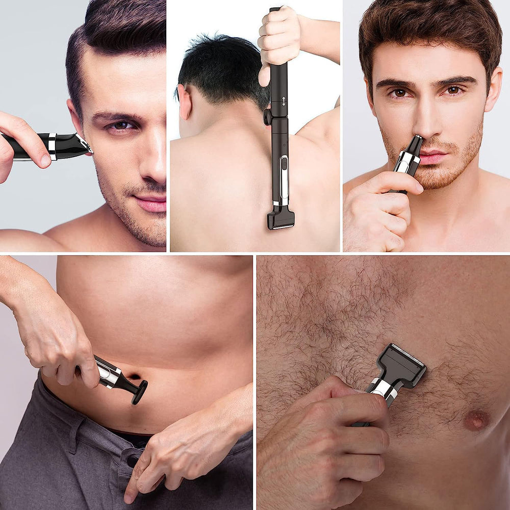 Men's body hair trimmer with extended handle - all-in-one shaver for back, electric nose hair trimmer, beard trimmer, and personal grooming kit