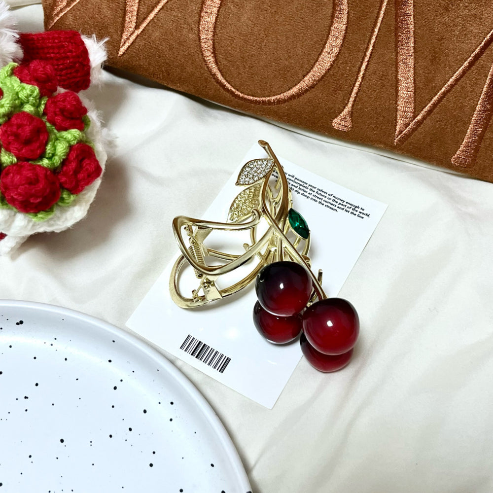 Korean sweet cherry bow hair claw clip - fresh & chic hair styling clip - minimalist & elegant hair accessories for women