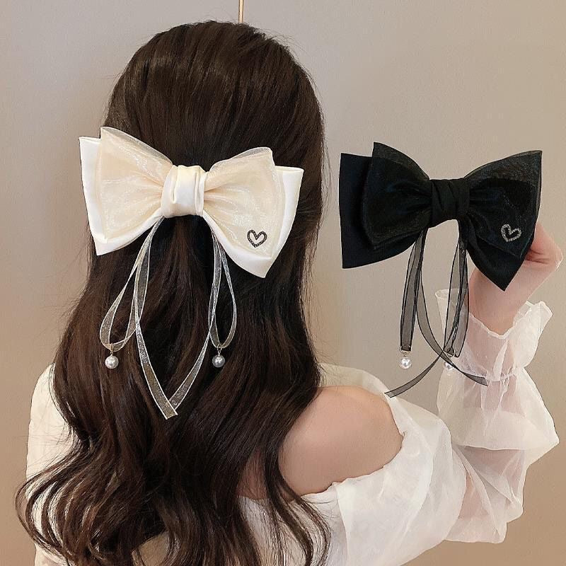 Korean style premium double-layer bow back-of-head spring clip ribbon pearl hair clip women's elegant hair accessory