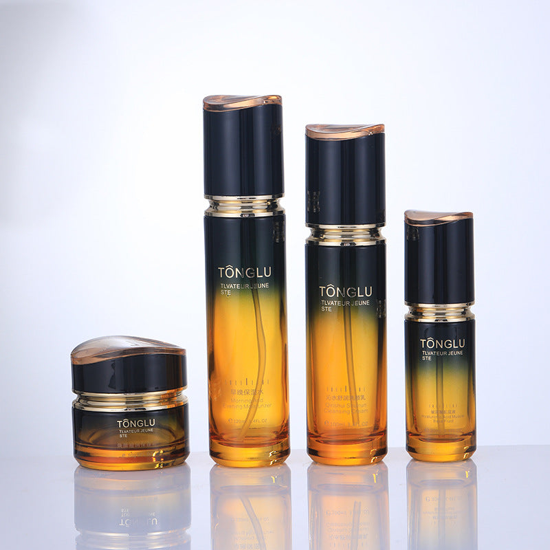 Ready-to-ship cosmetic glass bottles and packaging materials, including 100ml lotion and serum dispensing bottles with pump heads, and 50g eye cream jars