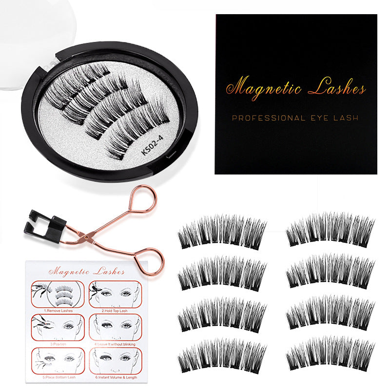 Magnetic false eyelashes 1 pair set with applicator - 3d volume, hard band, reusable, glue-free magnetic lashes
