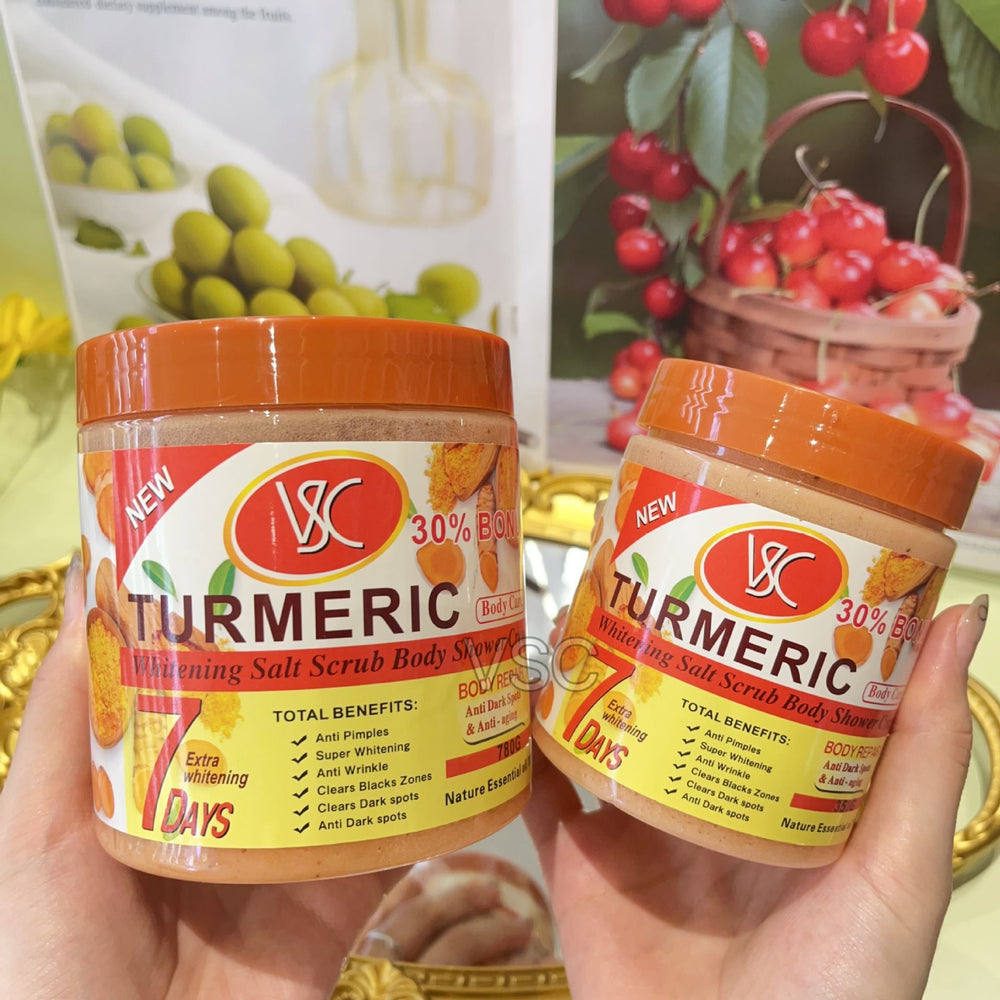 turmeric body scrub - softens cuticles, removes keratosis pilaris (chicken skin), moisturizes, brightens skin, cleansing bath & shower salt 350g