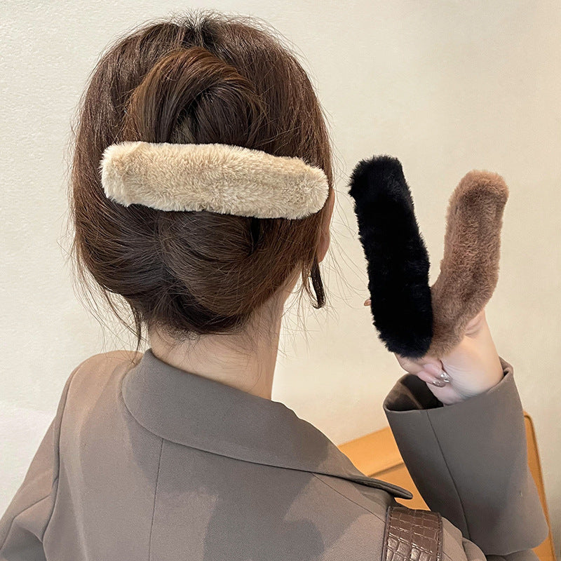 Stuffed hair clip for women's back of head, banana clip, french fur duckbill clip, one-word hairpin, headwear clip, fall and winter