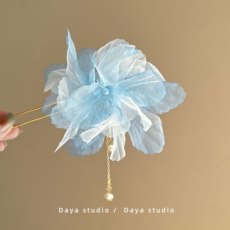 Dead leaf butterfly chiffon flower bead hairpin elegant tassel u-shaped hairpin new chinoiserieclassy hairpin fairy