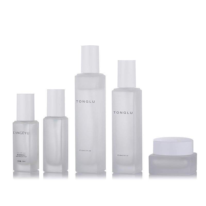 Custom cosmetic packaging glass bottle set: toner, serum, lotion bottles, 50g cream & moisturizer sample containers